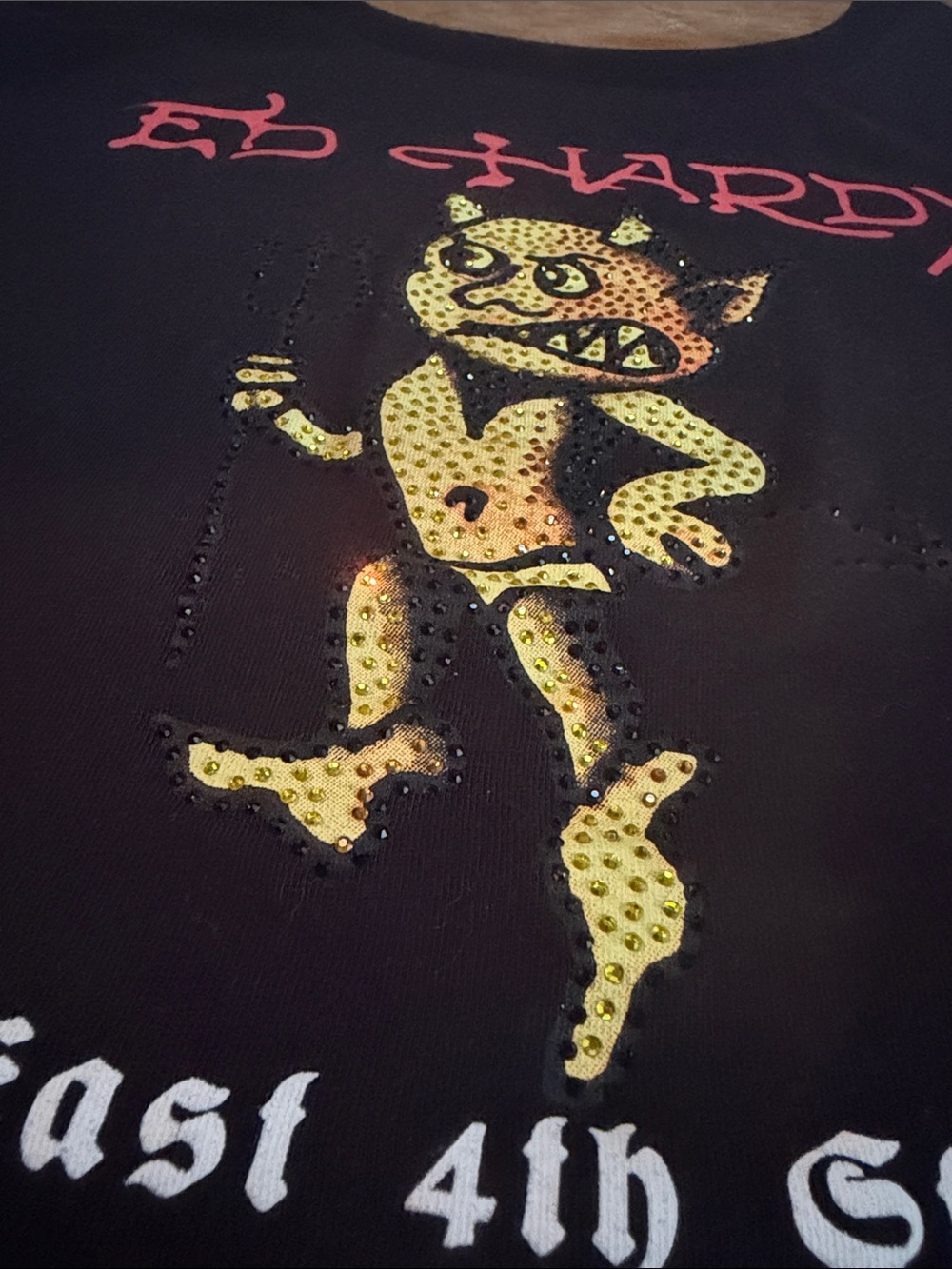 Ed Hardy Cropped Baby Tee with Yellow Devil and Red Logo - Picture 2 of 4